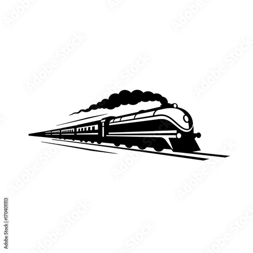 Dynamic black and white graphic of a vintage steam locomotive speeding forward, emitting smoke, symbolizing progress, historical journeys, and the power of rail travel