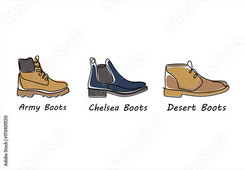Army Chelsea and Desert Boots Line Art Illustration. line icon-continuous line drawing. Editable stroke. 