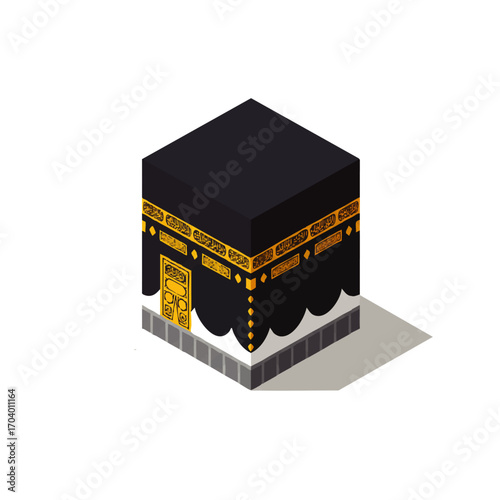Isometric vector illustration of the Holy Kaaba in Mecca with golden Arabic calligraphy and Kiswah.
