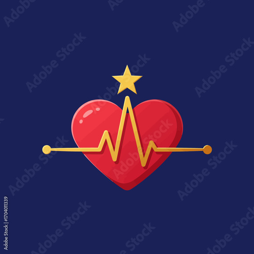 A stylized heart with a golden electrocardiogram line and a star at the top against a dark blue background, symbolizing health and success