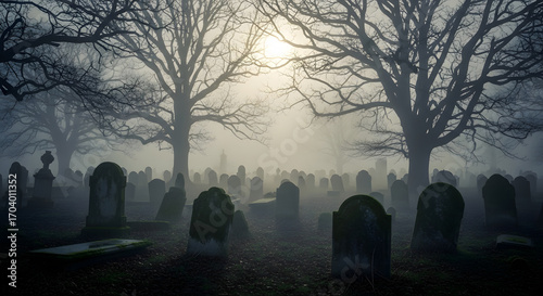 Realistic Misty Graveyard Surrounded by Trees and Soft Moonlight