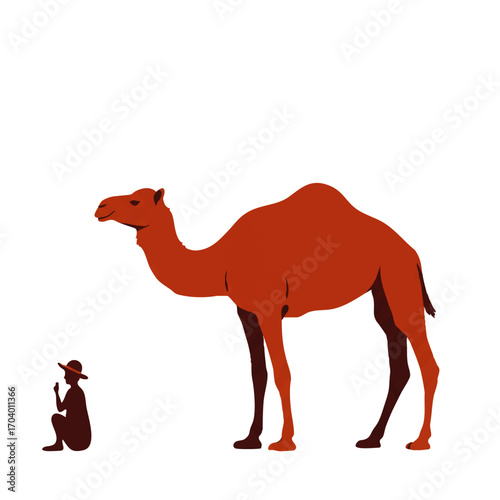 A large brown dromedary camel with one hump, standing in profile, flat vector illustration.