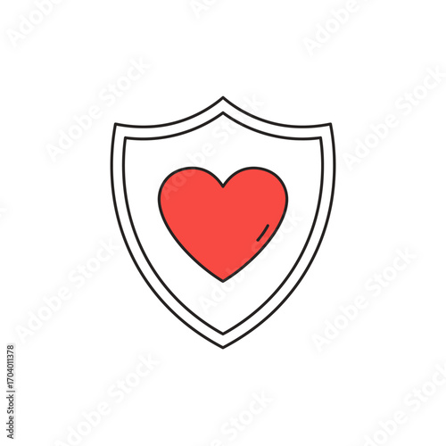 Minimalist vector icon depicting a red heart within a protective shield, symbolizing the concept of safeguarding love, health, and life