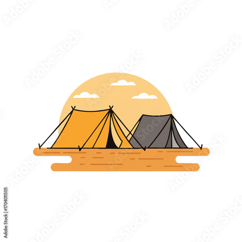 A minimalist illustration of two pitched camping tents, one orange and one grey, with black outlines and guy lines.
