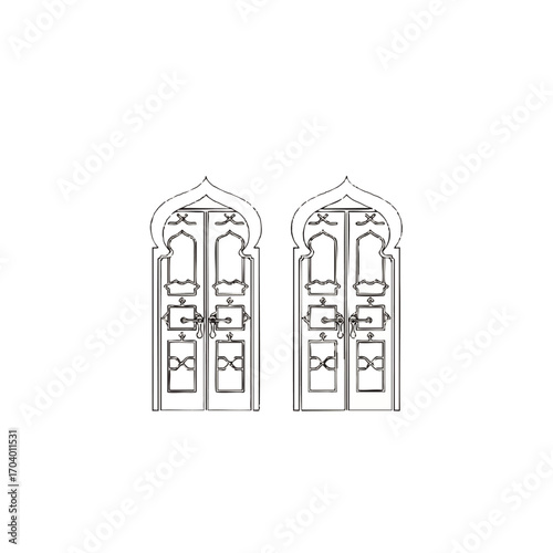A pair of ornate, arched Islamic-style doors in a detailed black and white line art illustration.