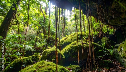 Lush green jungle with hanging vines and mossy rocks.