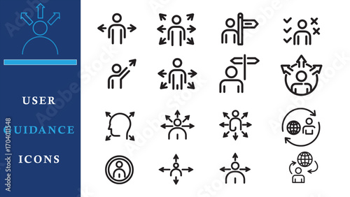 User guidance icons set – directional choices, navigation, decision-making, signposts, global orientation, arrows, interface symbols