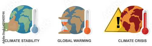 Three Earth stages showing climate stability, global warming and climate crisis isolated on transparent background. Climate change concept. Global warming. Collection set. Vector illustration