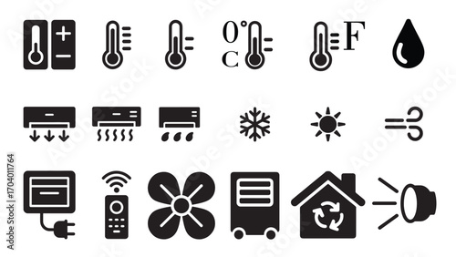 Air conditioning and HVAC icons set – temperature control, cooling, heating, ventilation, humidity, eco mode, remote and power symbols