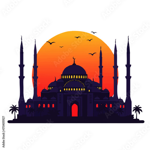Majestic Mosque Silhouette at Sunset, Detailed Architectural Design with Minarets and Domes