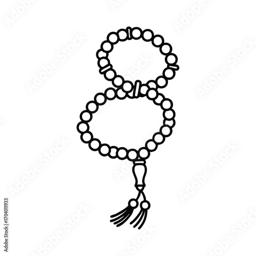 A simple black outline illustration of Islamic prayer beads, or tasbih, arranged in a figure-eight loop with a decorative tassel.