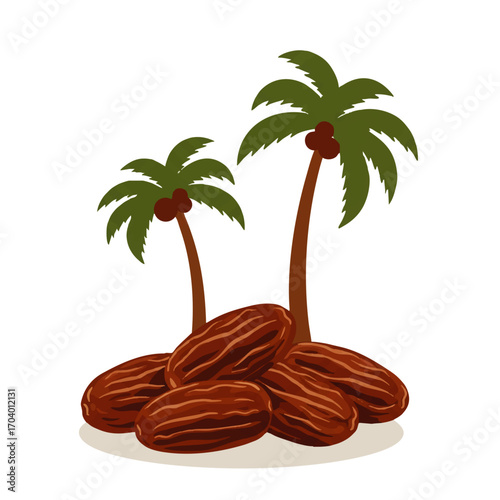 A stylized illustration of a pile of brown, wrinkled dates with two date palm trees in the background.