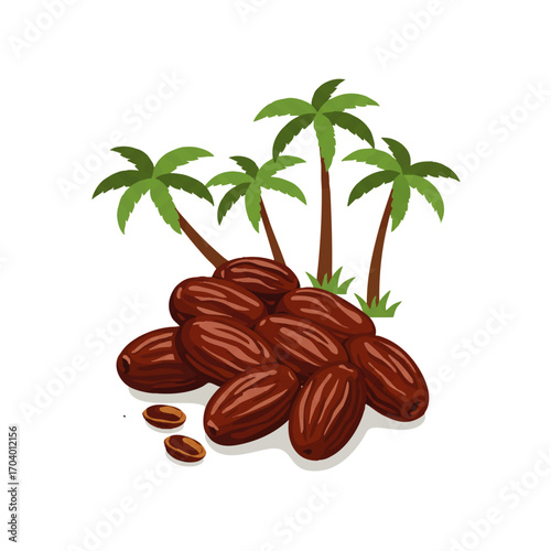 A stylized vector illustration of a pile of brown date fruits with seeds and palm trees.