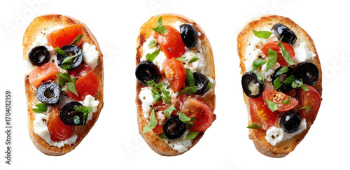 Three slices of toasted bread topped with ricotta cheese, cherry tomatoes, black olives, and fresh basil