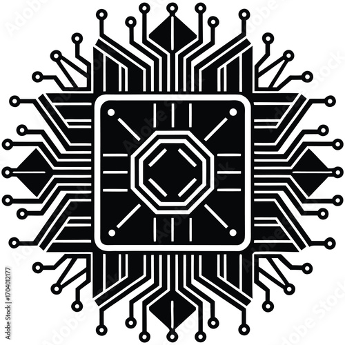 Seamless circuit board wallpaper, a futuristic digital tech pattern of abstract microchip shapes and lines