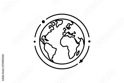Global Icon Minimalist World Outline with Orbit Lines and Dots for Digital Design and International Business Representation