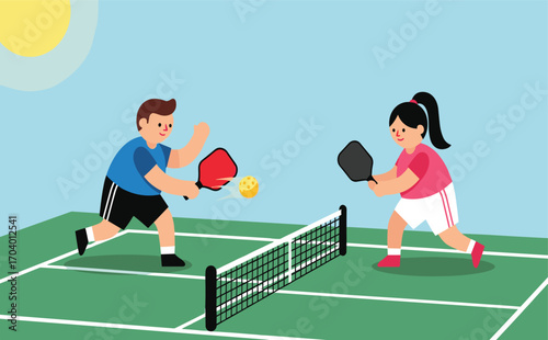 Kids Engaging in Fun Game of Pickleball on a Bright Sunny Day