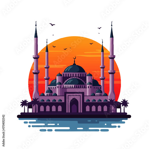 Majestic purple mosque with teal domes, a central crescent finial, and four tall minarets.
