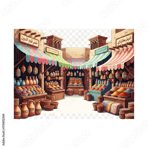 A vibrant cartoon illustration of a traditional Arabian souk market with colorful spice stalls, pottery, and hanging lanterns.