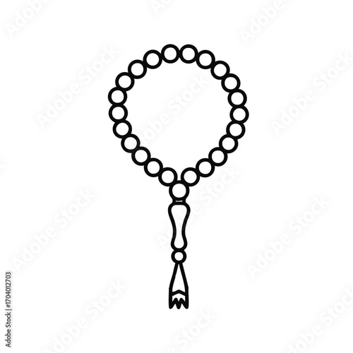 Minimalist line art icon of a tasbih, Muslim prayer beads, with a circular string and decorative tassel.