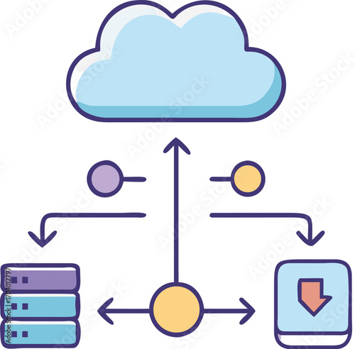 Cloud computing technology illustration with network data and internet connection icons