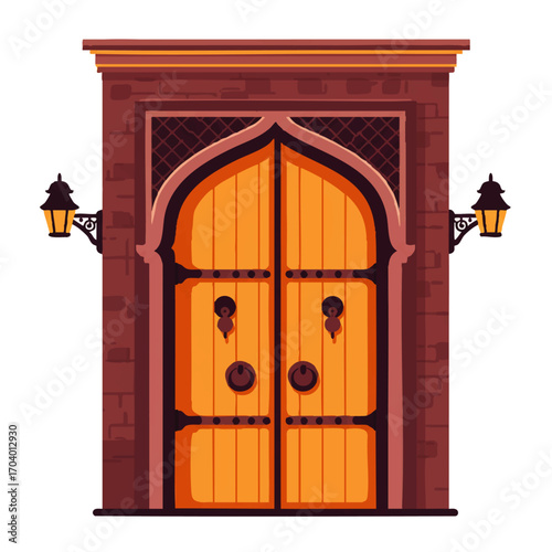 Ornate arched wooden door with metal knockers and lanterns in a brick archway.