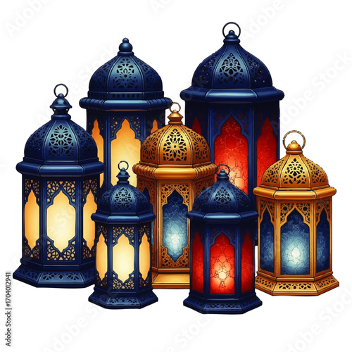 A vibrant collection of ornate blue and gold Arabic lanterns with intricate cutwork, glowing warmly.