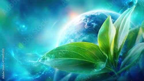 Plant Leaves with Earth Planet and Blue Background