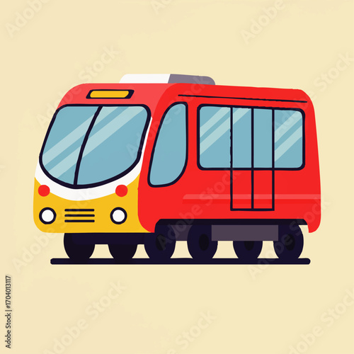 A vibrant red and yellow cartoon illustration of a modern electric commuter train with a rounded design.