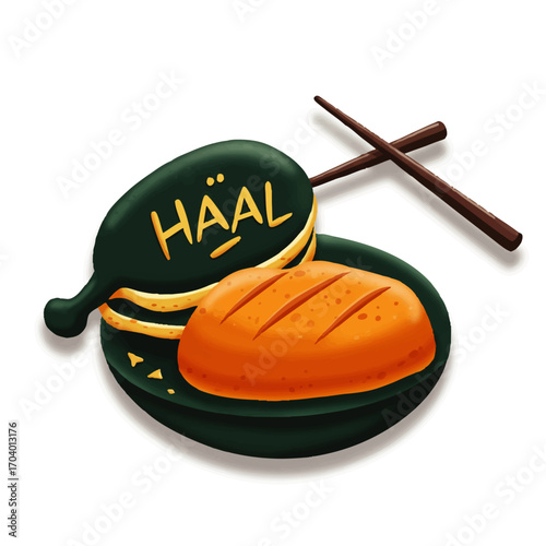 A whimsical illustration of a golden bread loaf and a green pickle with H?AL text on a plate with chopsticks.