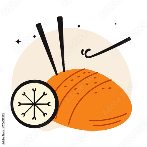 Abstract Japanese food concept art featuring nigiri sushi, a wrench-themed maki roll, and chopsticks.