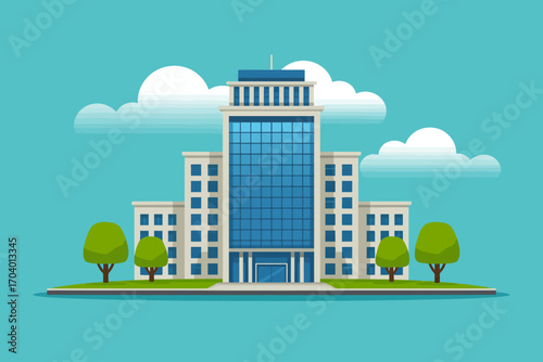 Modern Office Building Vector Illustration with Blue Sky and Clouds for Business and Corporate Design Concepts