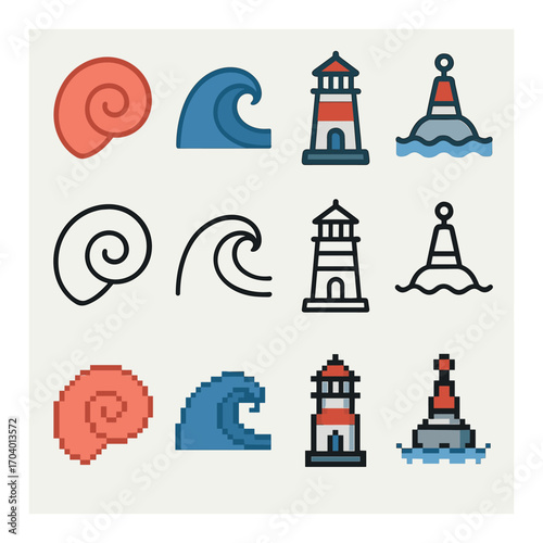 Abstract robotic icon set: drones, warnings, and abstract figures in pixel art design