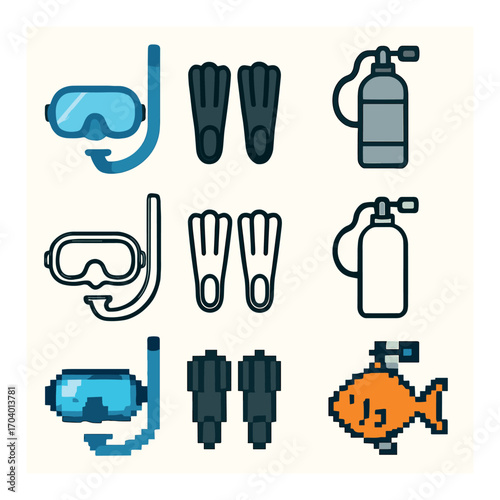 Diving gear and equipment icons: snorkel, fins, tanks, and fish