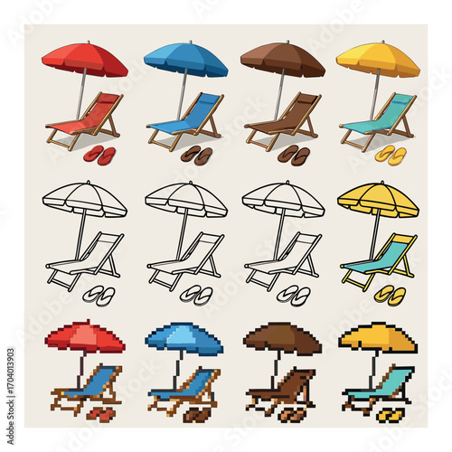 Colorful and monochrome beach chairs with umbrellas and sandals in various styles