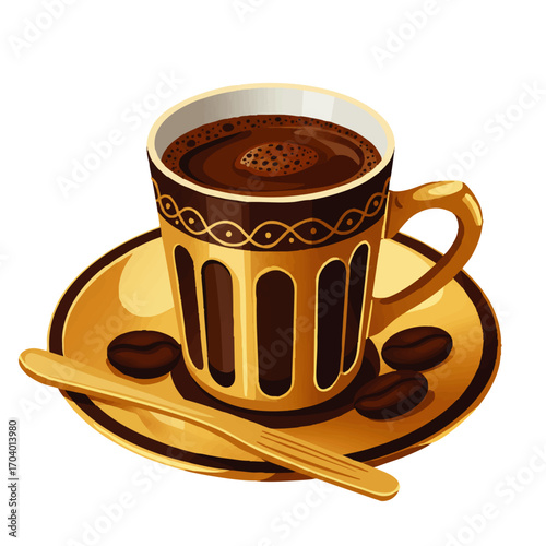 Ornate golden coffee cup with dark brown patterns, filled with hot coffee, on a matching saucer with beans and spoon.