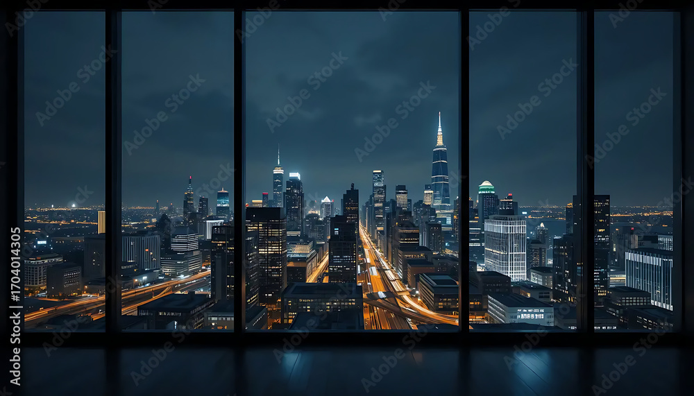 Obraz premium Panoramic view of a sprawling city skyline at night seen through large office building windows