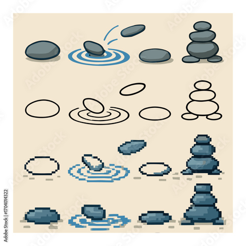Pixel art stones: skipping, stacking, and outlines in various styles