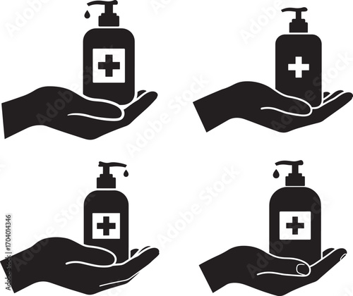 Four hand sanitizer bottles held in open hands silhouette