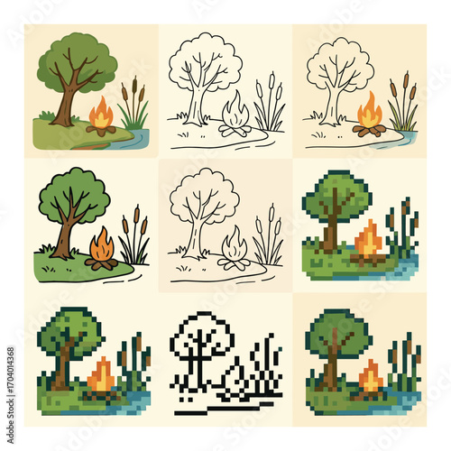 Evolution of art styles: realistic, outline, pixel - nature scene with tree and campfire