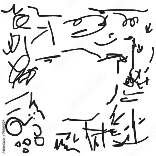 A dynamic collection of abstract hand-drawn scribbles and chaotic ink doodles isolated on a white background, representing creative chaos