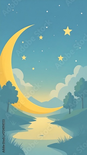 Night landscape with crescent moon