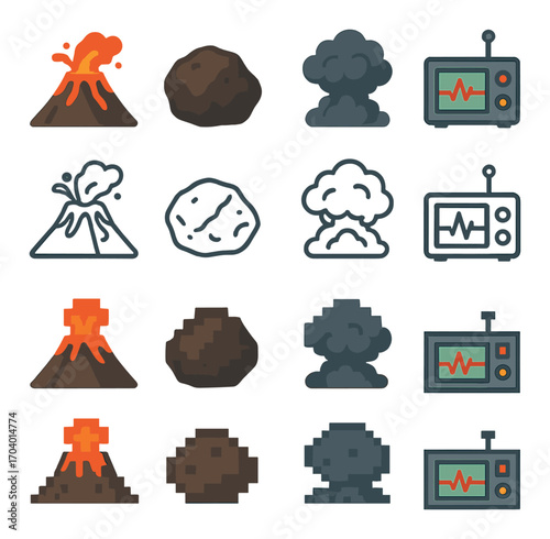 Volcanic eruption icons with volcanoes, rocks, smoke, and devices