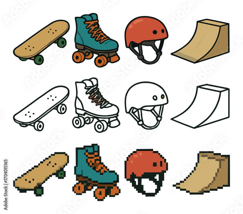Retro and pixel skate gear: skateboards, roller skates, helmets, ramps in vintage and pixel art styles