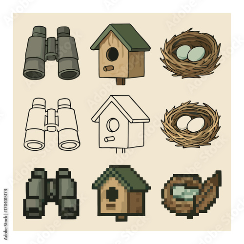 Binoculars, birdhouses, nest eggs: pixel and sketch styles