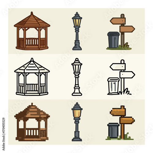 Gazebo, lamp, signpost, trash can illustrations in three distinct styles