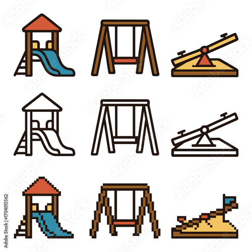Playground equipment: slide, swing, seesaw - modern and pixel art illustrations