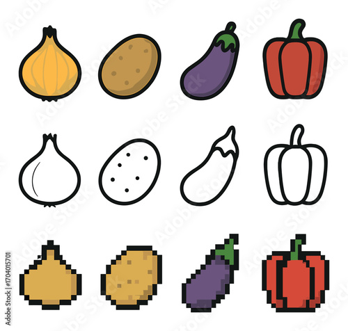 Pixelated and outline vegetable lineup: onion, potato, eggplant, bell pepper
