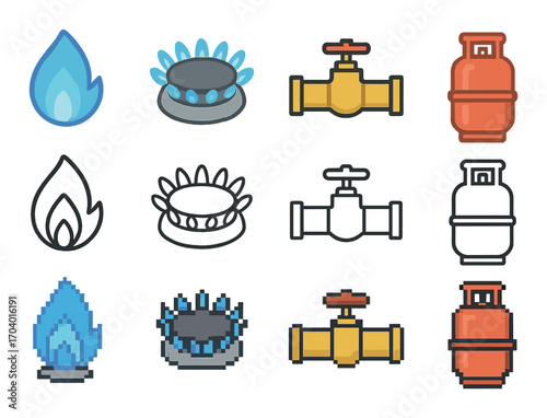 Colorful gas icons set with flames, valves, and cylinders