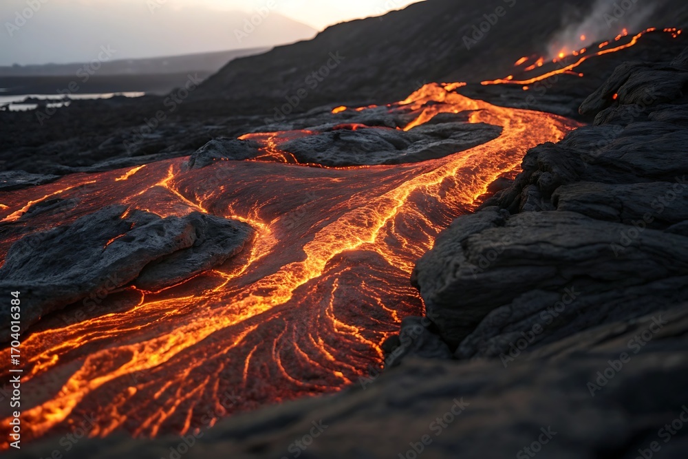 Fototapeta premium molten lava flows across rugged volcanic landscape at sunset